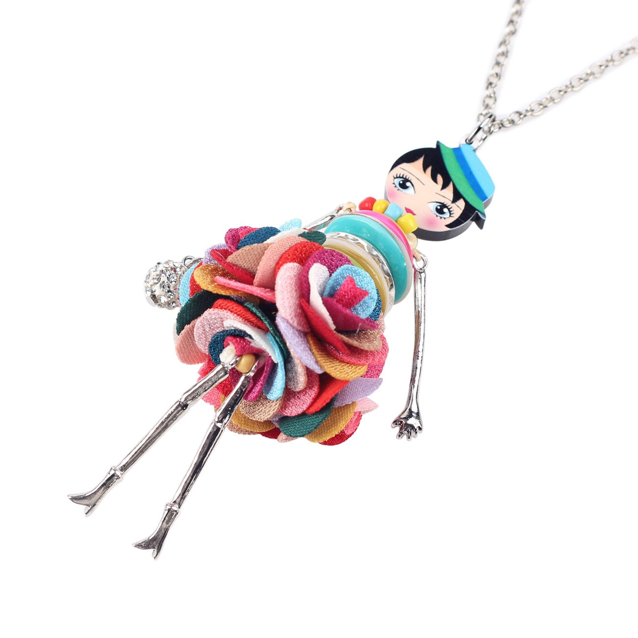 BONSNY Paris Doll Necklace Dress Handmade Pendant News Alloy Metal Crystal Flower Long Chain Fashion Jewelry