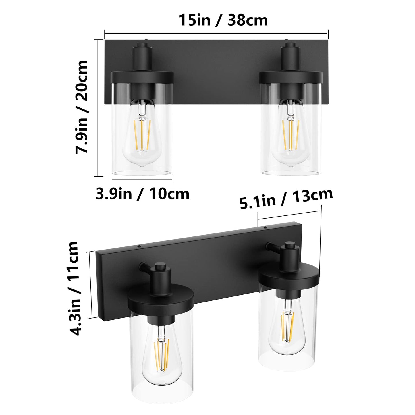 Aipsun Vintage Black Bathroom Light Fixture, 2-Light Industrial Wall Sconce with Clear Glass Shade, Model 1136