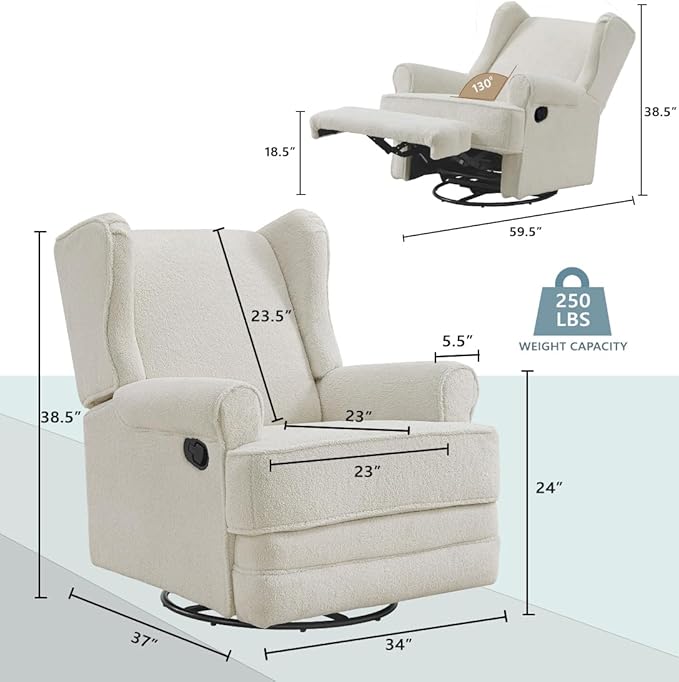 Oxford Baby Teegan Upholstered Swivel Glider & Recliner Nursery Chair, Boucle White