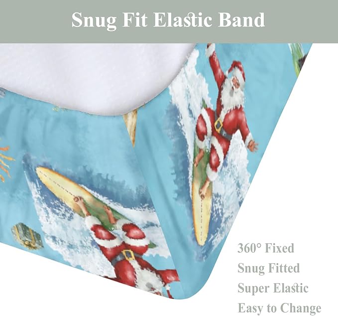 Christmas Surfing Santa Beach Baby Changing Pad Covers for Boy Girl Summer Santa Surfboard Palm Tree Gifts Fitted Changing Table Mats Winter Holiday Festive Soft Diaper Change Table Sheets 32''×16''