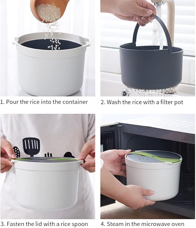Microwave Rice Cooker, 2L Microwave Rice Steamer Pasta Cooker, Food Grade PP Microwave Rice Cooker, Strainer and Steamer Pot Set,4PCS(COLOR:green)