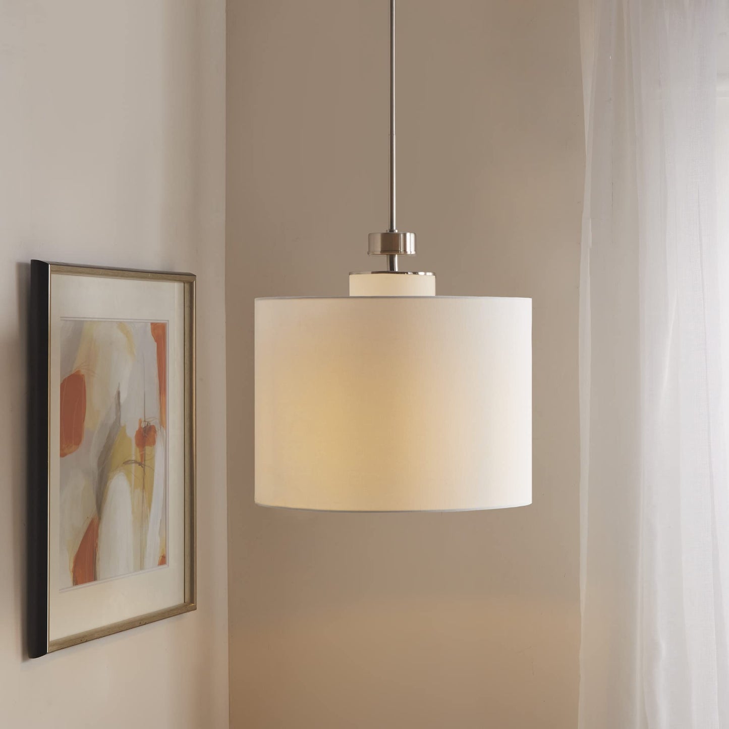 INK+IVY Pendant Light Fixture, White Drum Shade, 18in Dia x 62inH, Plated Silver, Model II151-0105