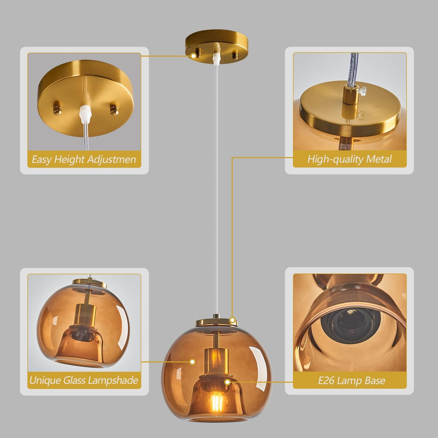 Lbsqj Brown Glass Pendant Lights Kitchen Island Gold Hanging Light Fixture Glass Globe Pendant Light Modern Pendant Lighting For Kitchen Island Bedroom Dining Room (7.87  3 Pack)