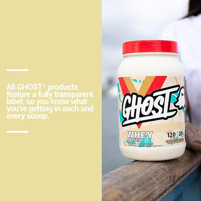 Ghost Whey Protein Powder, Coffee Ice Cream - 2LB Tub, 25G of Protein - Flavored Isolate, Concentrate & Hydrolyzed Whey Protein Blend - Post Workout Shakes - Soy & Gluten Free