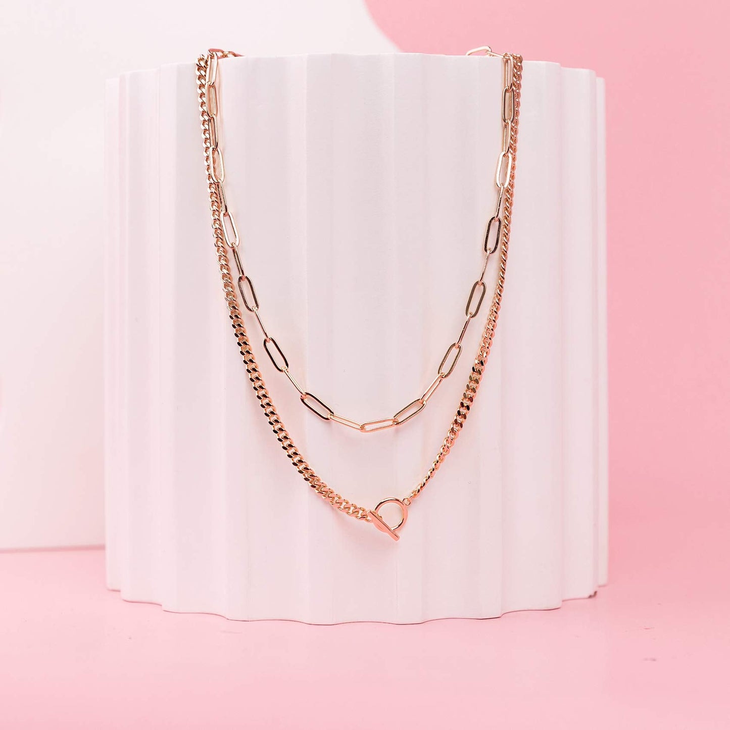 PAVOI 14K Gold Plated Double Chain Necklaces for Women - Rose Gold Layered 925 Sterling Silver Necklace with 15+16.5+3 Extenders