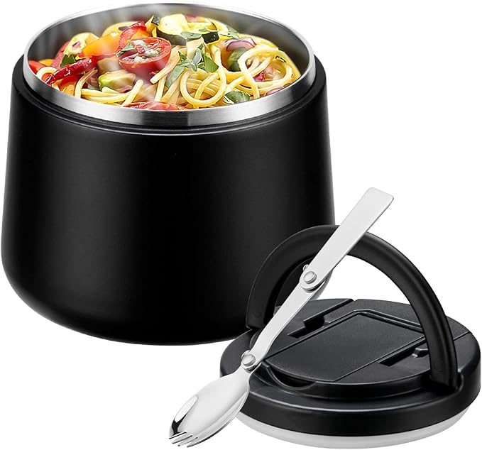 Soup Thermo for Hot Food Kids 14oz Lunch Containers with Buckle Lid Wide Mouth Hot Food Jar Vacuum Insulated Stainless Steel Bento Box Leakproof with Spoon(Black)