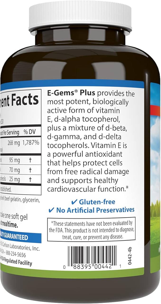 Carlson - E-Gems Plus, Natural Vitamin E 400 IU, Supports a Healthy Heart, 250 soft gels