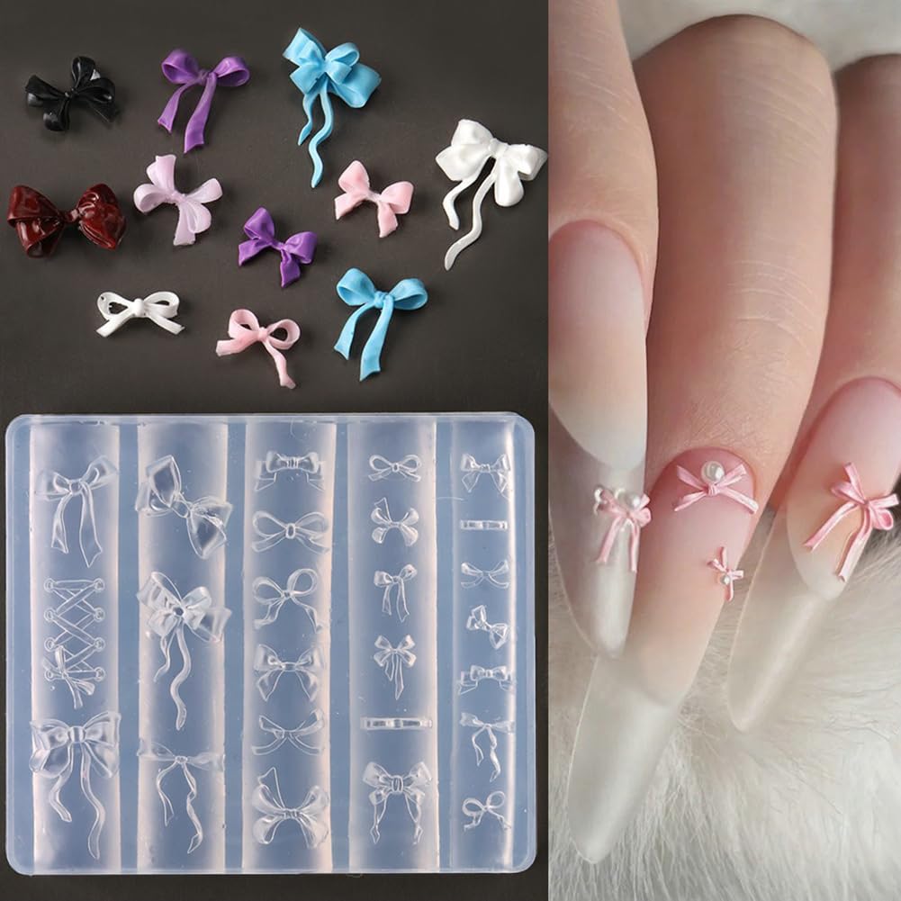 LIFOOST Ribbon Bows Silicone Nail Mold Embossed Bowknot Nail Art Mould Tools 3D Carving Templates for Women Girls Manicure Acces