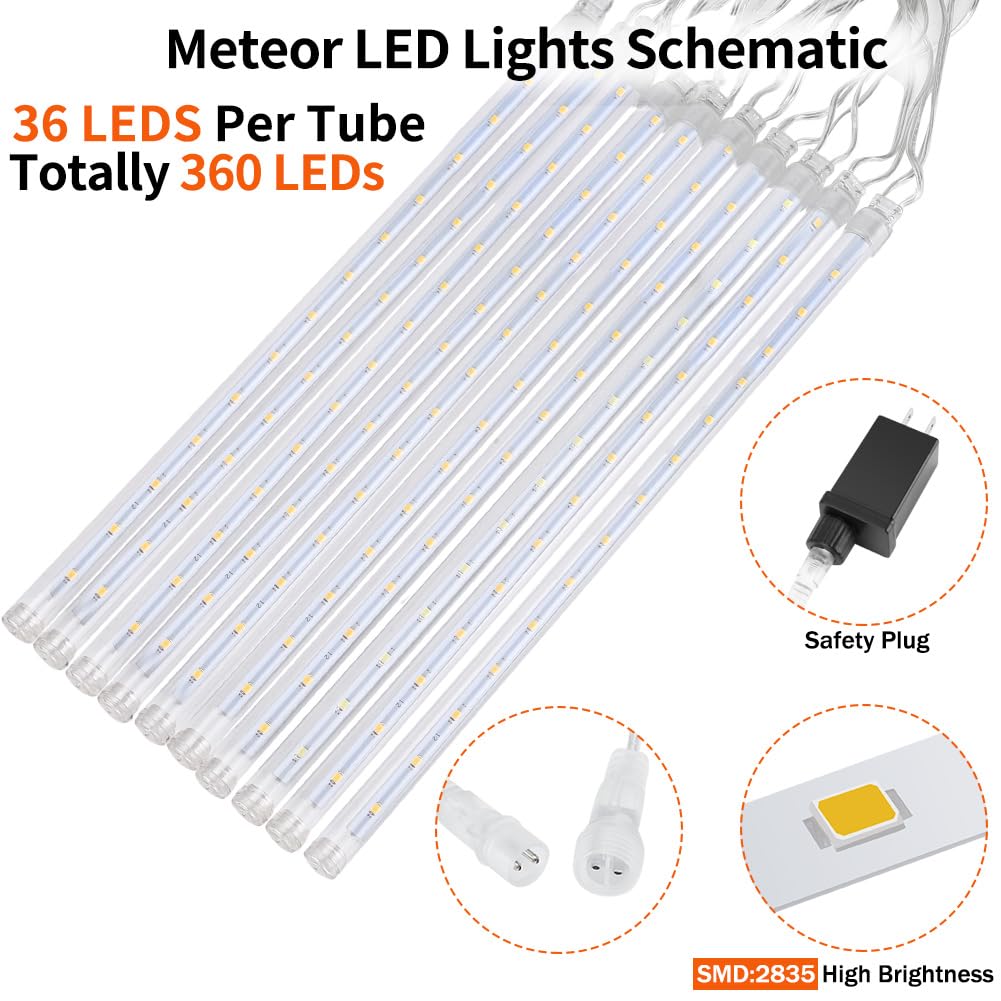 Jjgoo ?4 Pack? Christmas Lights Meteor Shower Rain Lights 20Inch  Totally 40 Tube 1440 Leds Icicle Light Outdoor Raindrop Light For Xmas Halloween Wedding Party Tree Holiday Decoration  Warm White