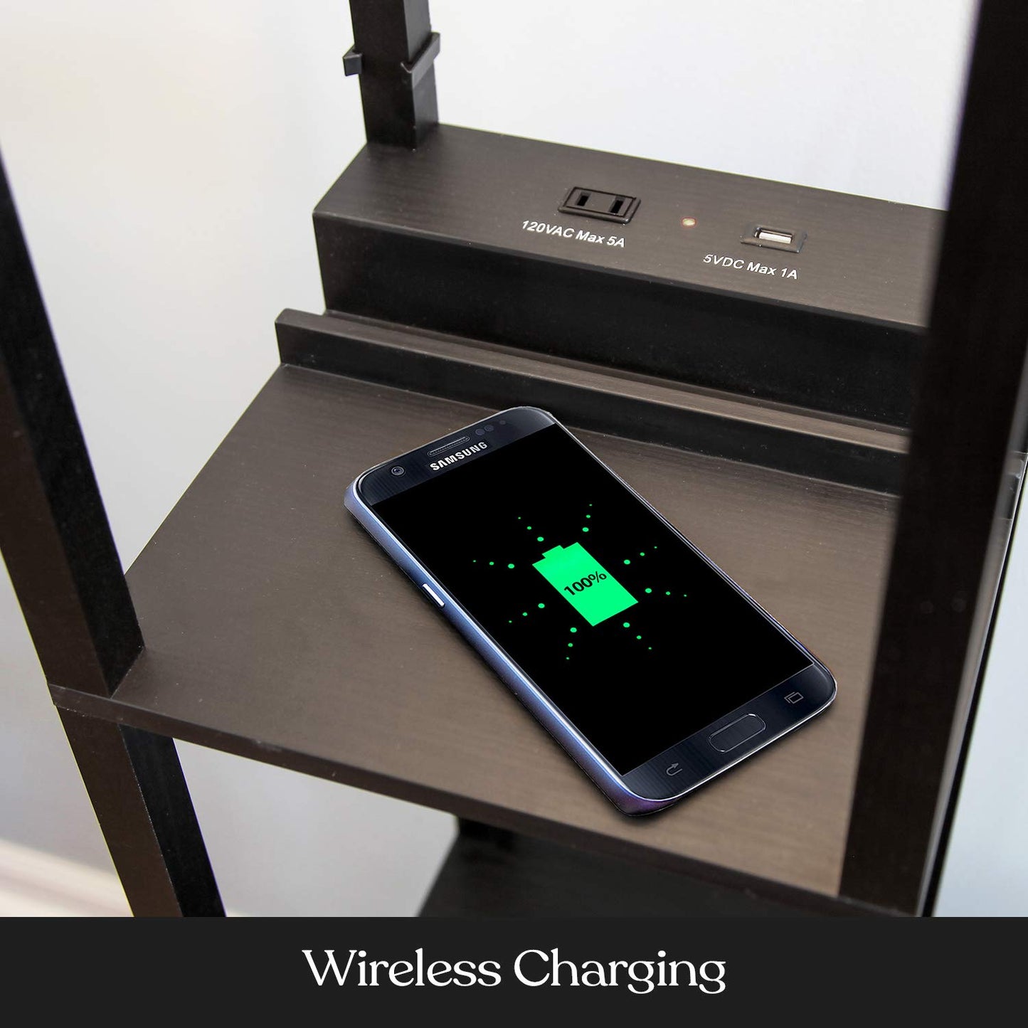 Brightech Maxwell Modern Shelf Floor Lamp with USB Ports, Wireless Charging, Black