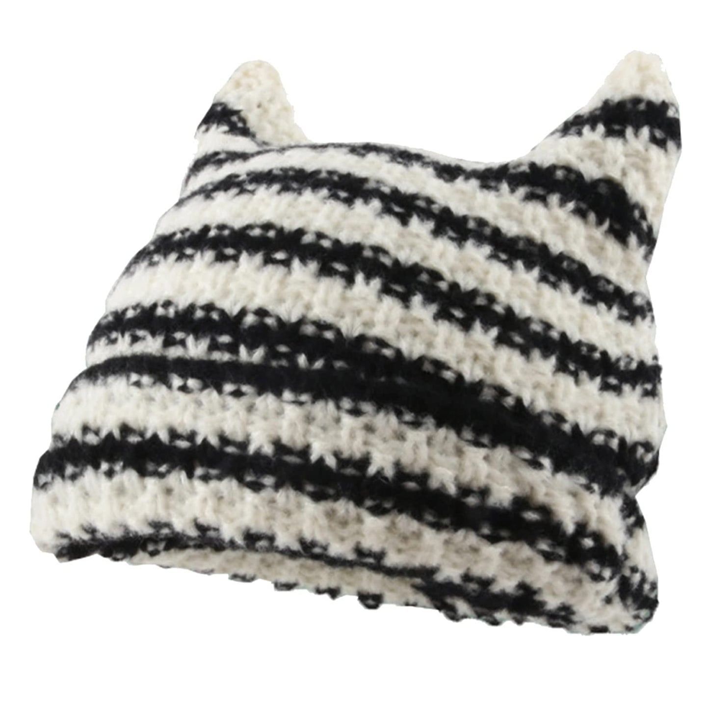 Women Striped Beanie Hat with Little Devil Horn Winter Warm Cap Cute Cat Ears Knitted Hat Fall (Black and White)