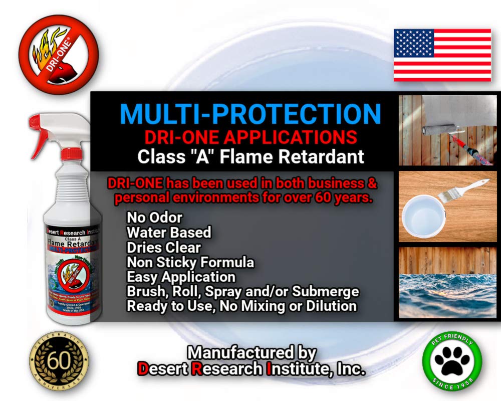 Fire Retardant Spray (Class A for Fabric, Wood, Theater Curtains & More) Eco-Safe, Non Toxic, C.A.C. Title-19, ASTM E84, DRI-ONE