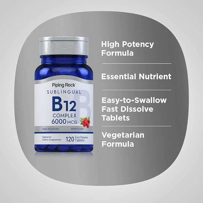 Piping Rock Sublingual B12 Complex 6000 mcg | 120 Fast Dissolve Tablets | Berry Flavor | Vegetarian, Non-GMO & Gluten Free