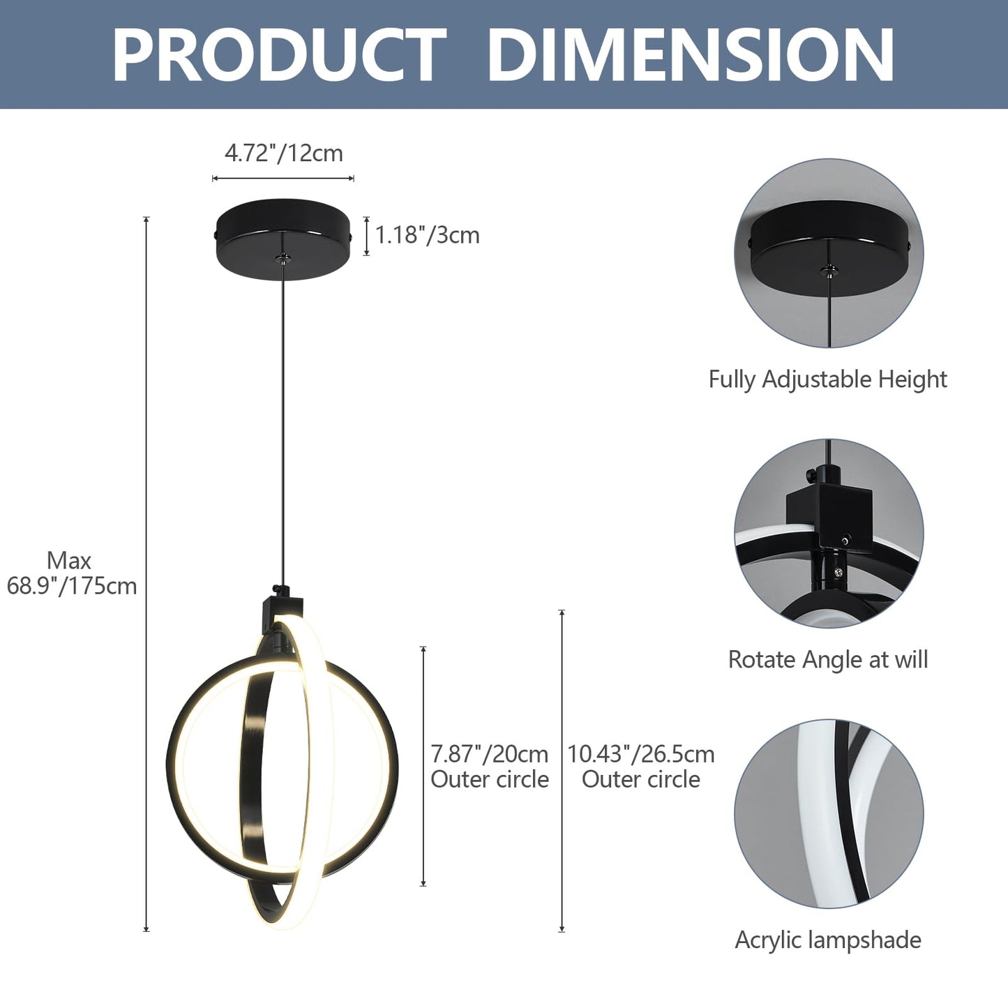 Bnhhlz Modern Led Pendant Lights Plated Black Farmhouse Ring Pendant Light Fixtures 4000K Dimmable Round Pendant Lighting For Dining Room Kitchen Island Bedroom Living Room Foyer(3-Pack)