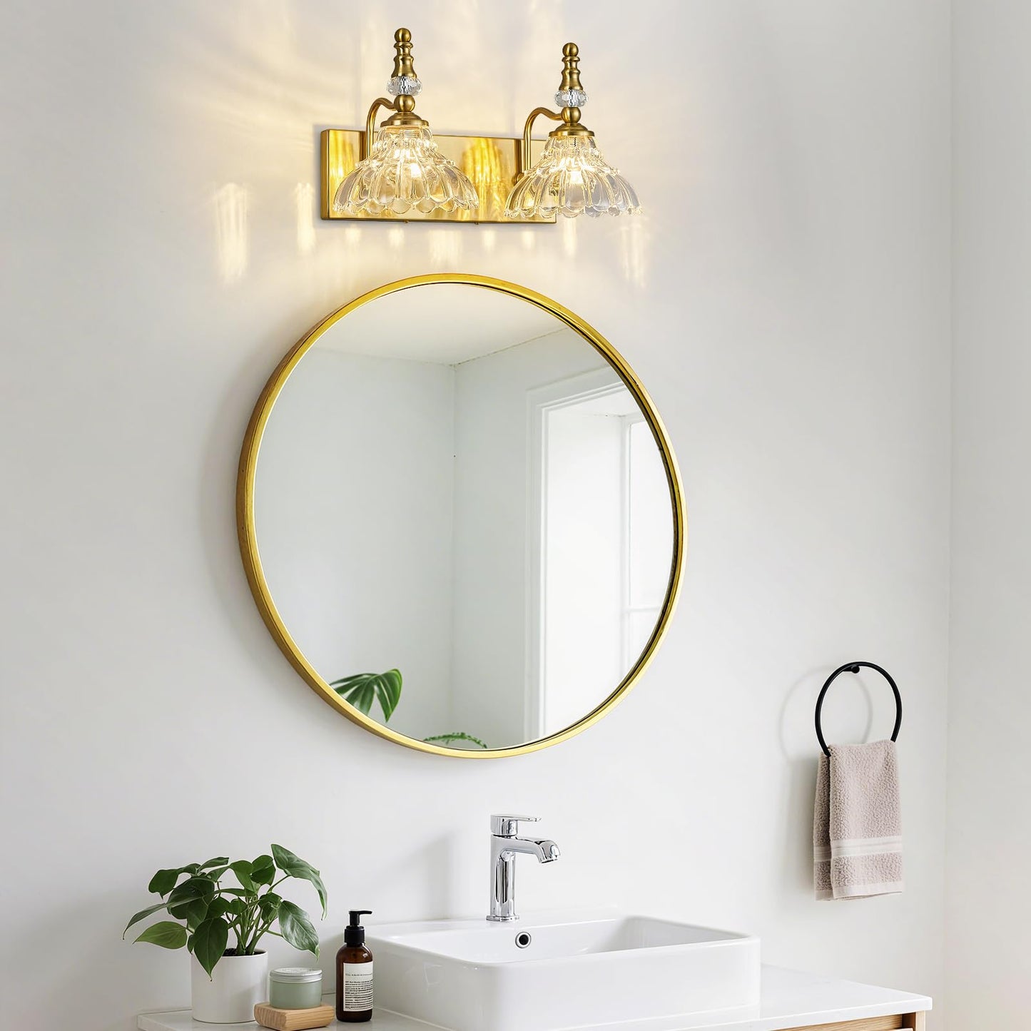 Lbsqj Vintage Bathroom Vanity Light  2-Light Gold Vanity Lighting Fixture With Flower Glass Shade  Bathroom Lighting Fixtures Over Mirror