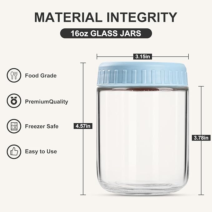Overnight Oats Containers with Lids, 16oz Glass Jars with Lids 8 pcs, Light Blue, Wide Mouth Mason jars for Salad, Yogurt, Snacks, Meal Prep