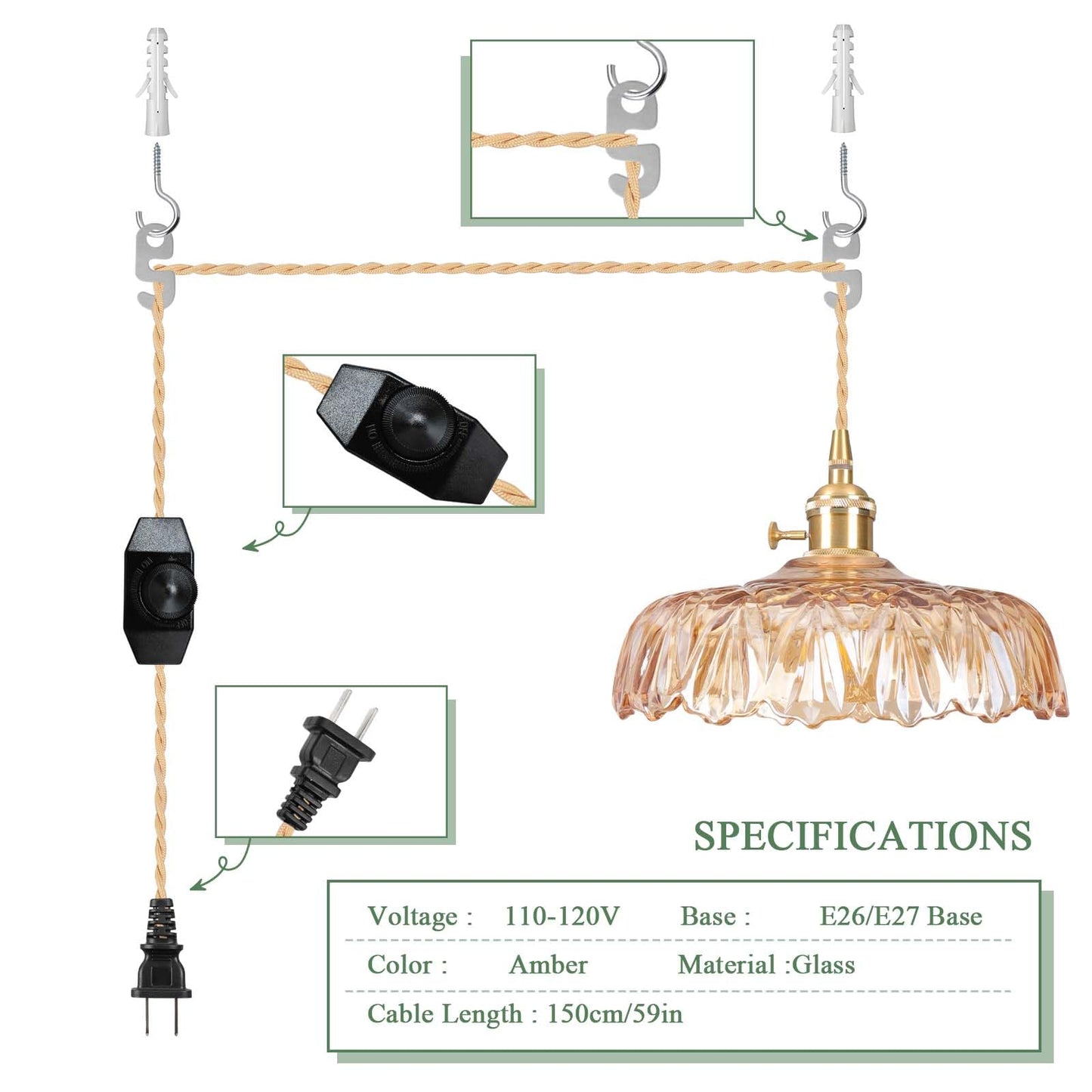 Loiogohot Plug In Pendant Light Fixtures Amber Glass Lampshade Pendant Lighting 9.4In E26 Hanging Light Fixturecorded On/Off Switch For Kitchen Island  Bedroom  Dining Room