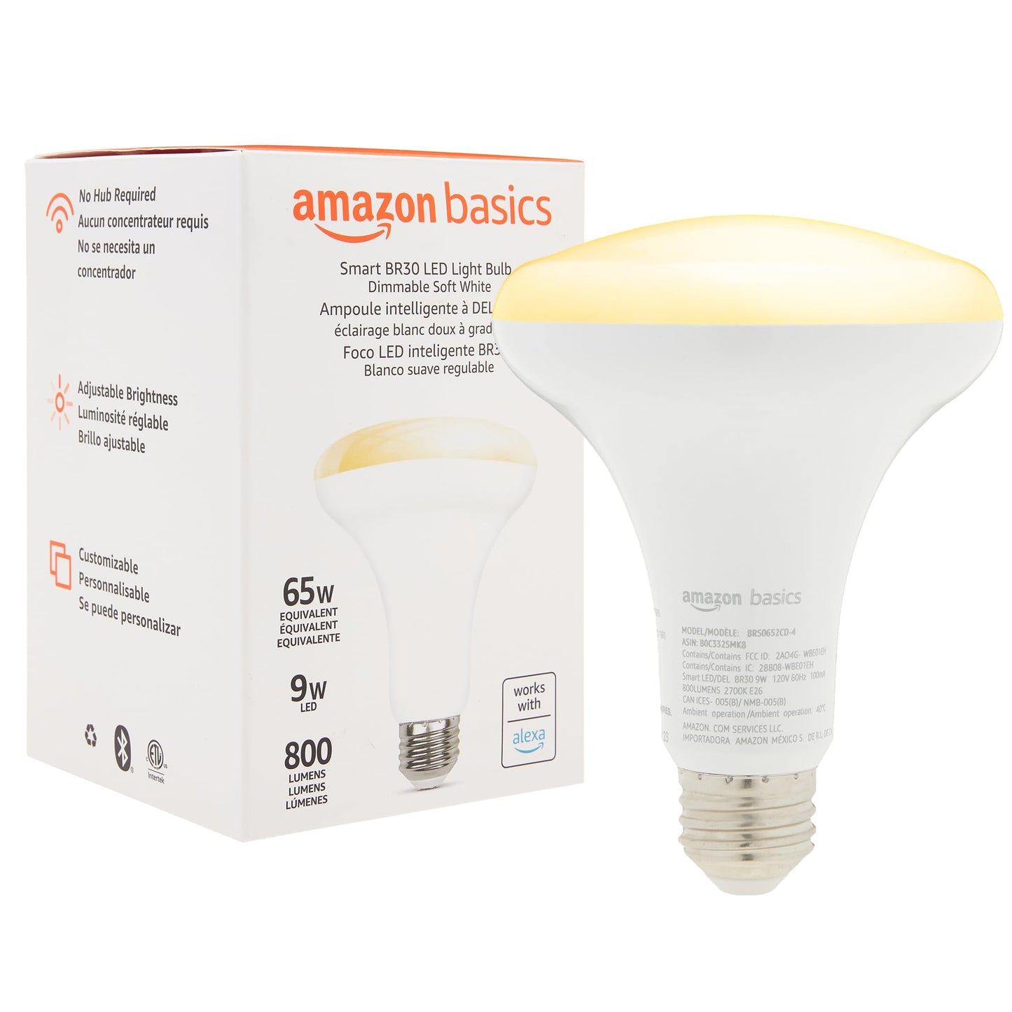 large online retailer Basics Smart Br30 Led Light Bulb, Dimmable, Soft White, 60W Equivalent, 800Lm, 9W, Works With Alexa, 1 Pack
