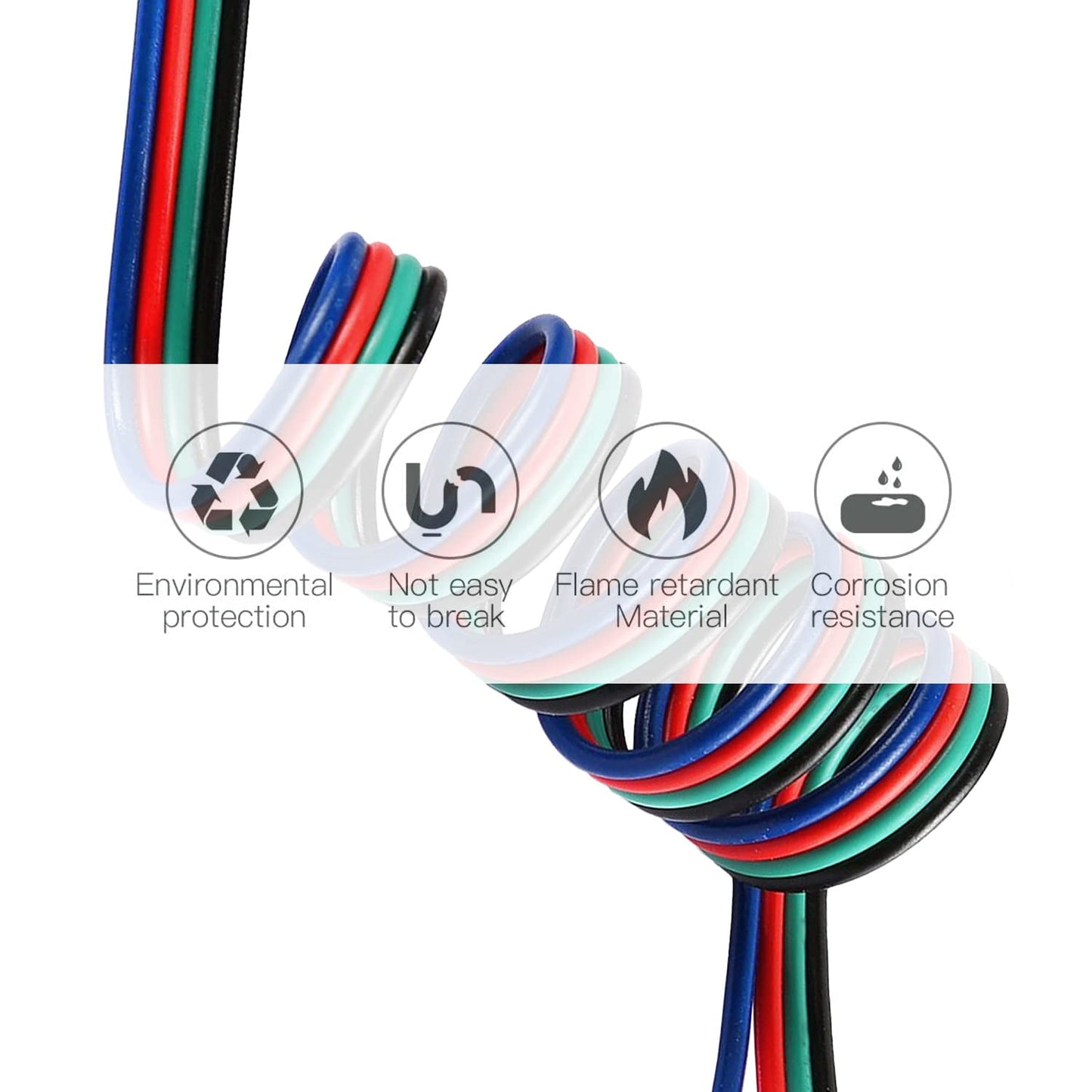 EvZ 22AWG 4 Conductor Extension Wire, 66ft/20M, 4 Pin for RGB LED Strips, Black-Green-Red-Blue, Model SYNCHKG