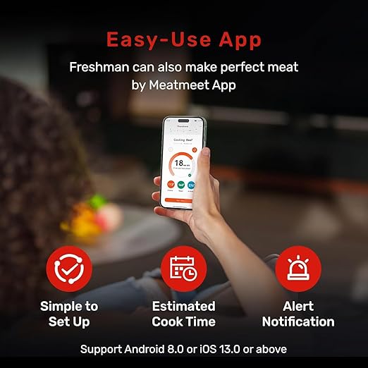 Pro WiFi Wireless Meat Thermometer, Smart App Monitoring, Meat Probe Thermometer, IP67 Waterproof, Digital Wireless Meat Thermometer for BBQ, Oven, Grill, Smoker