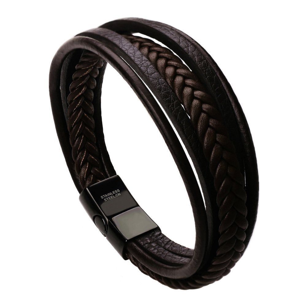 murtoo Mens Leather Bracelet Cowhide Multi-Layer Braided Leather Mens Bracelet (Brown, 7.5)