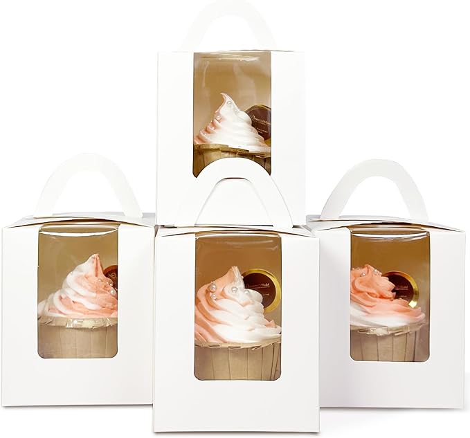 Bakepacker Auto-pop up Individual Cupcake Boxes with Window 25 Count White Single Cupcakes Box 3.7 x 3.7 x 4.3inch Cupcake Carrier