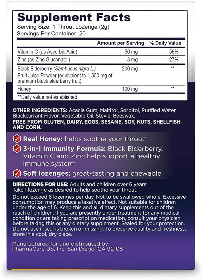 Sambucol Black Elderberry Throat Lozenges - Elderberry Cough Drops for Adults, Elderberry Zinc Lozenges Throat, Elderberry Lozenges - 20 Count