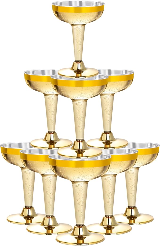 Lullaby 50PCS 5oz Plastic Champagne Coupe Glasses with Gold Rim, Elegant Plastic Champagne Glasses, Unbreakable and Crysta...