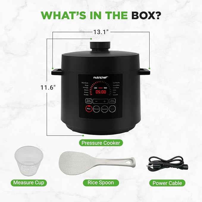 NutriChef Electric Pressure Cooker 6 Quart Capacity | 9 Function Digital Countertop Pressure Cooker | Adjustable Time & Temperature | Cook, Bake, Steam, Broil, & Braise | 13.1 x 11.4 IN | Black