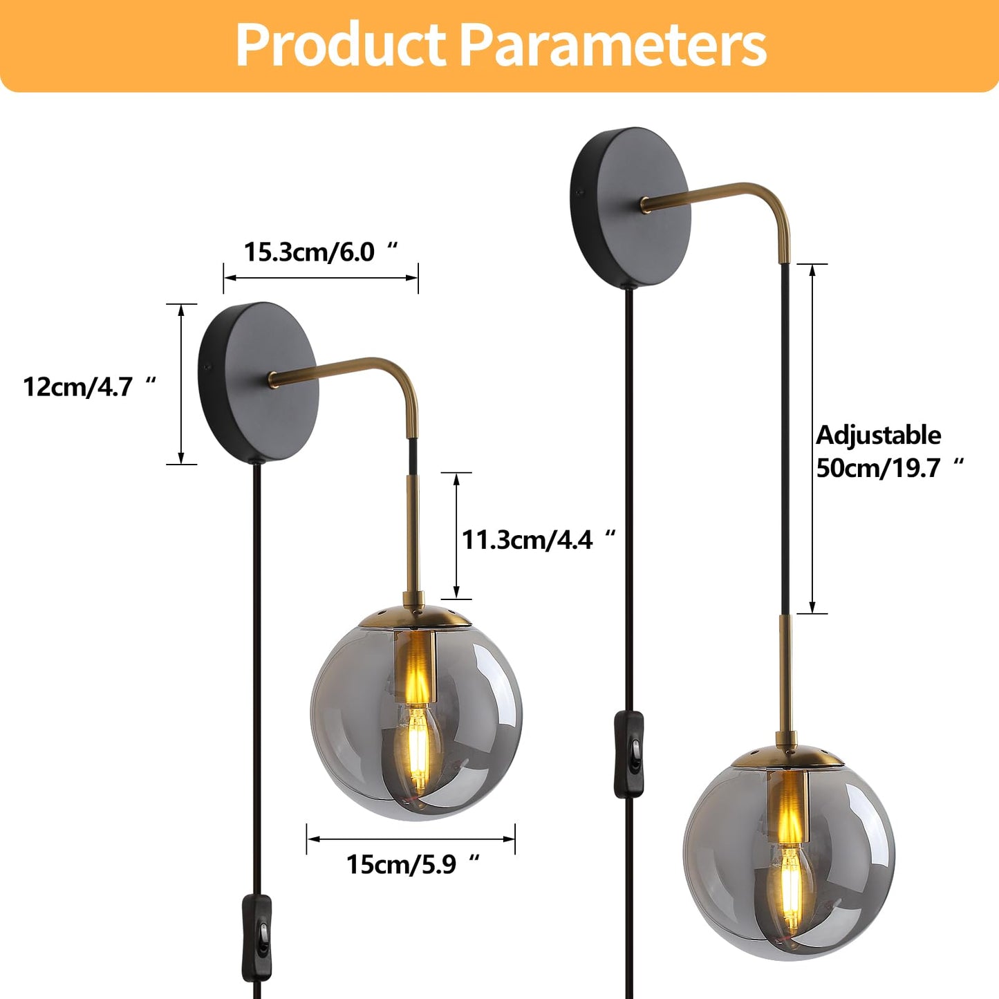 KUZZULL Wall Sconces Set of 2, Black and Brass Gold, Smoke Grey Glass Shade, 29in Iron Lighting for Bedrooms and Decor