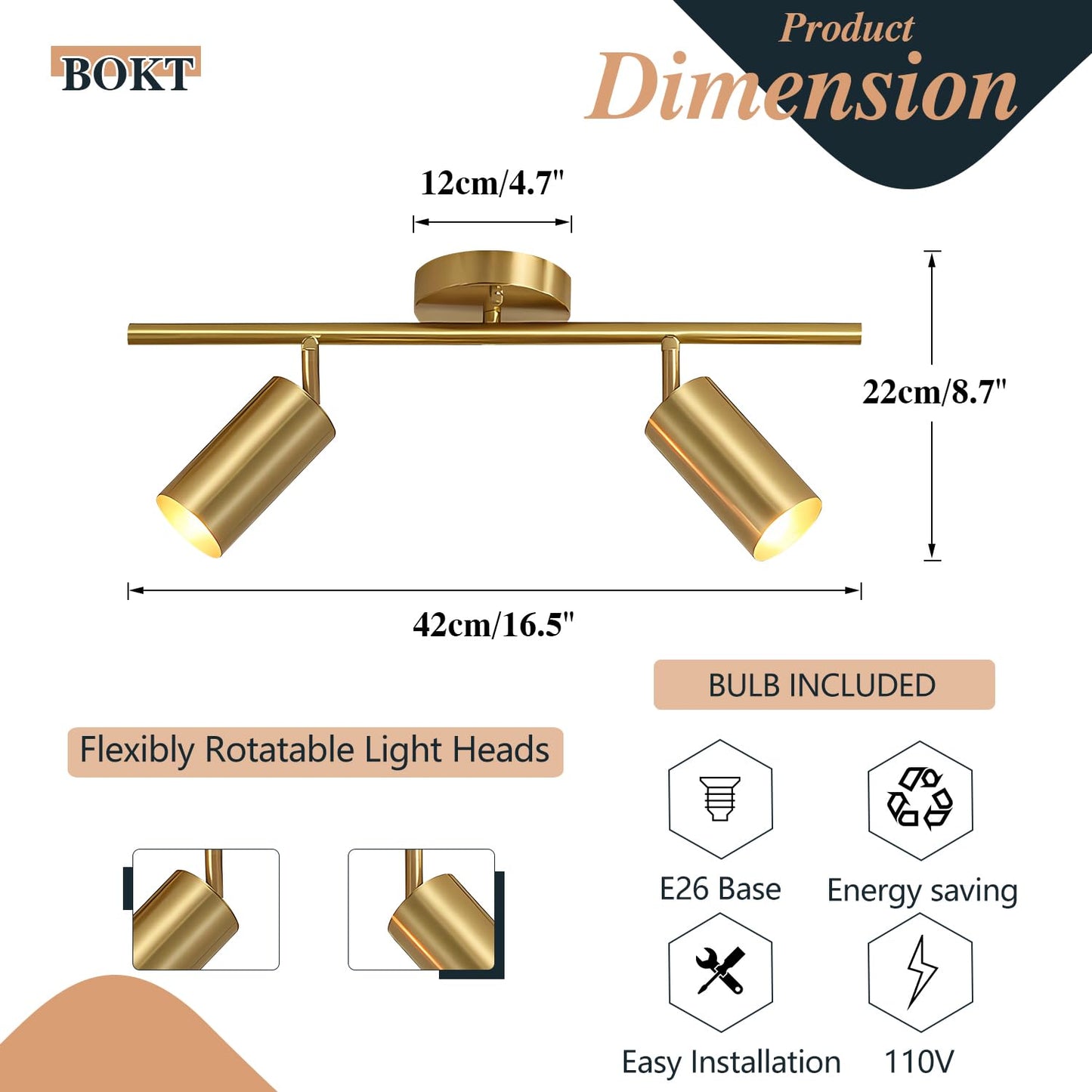 Bokt Mid Century Modern 2-Lights Led Track Lighting Kit, Gold Flush Mount, Adjustable Angle, Brushed Brass, Model Df-B6Yv-C8Ci-2