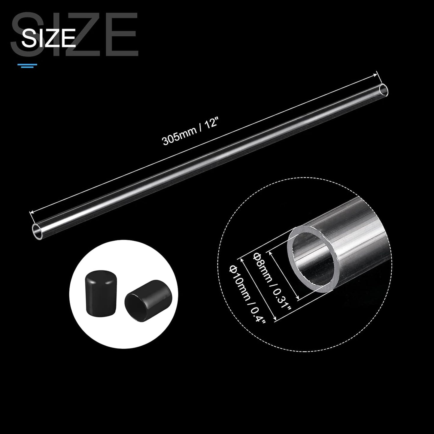 PATIKIL Clear Rigid Tube Round Plastic Tubing with Black Rubber Caps Polycarbonate Water Pipe, 305mm/ 12 Inch Length, 8mmx10mm/0.31"x0.4", 2 Set