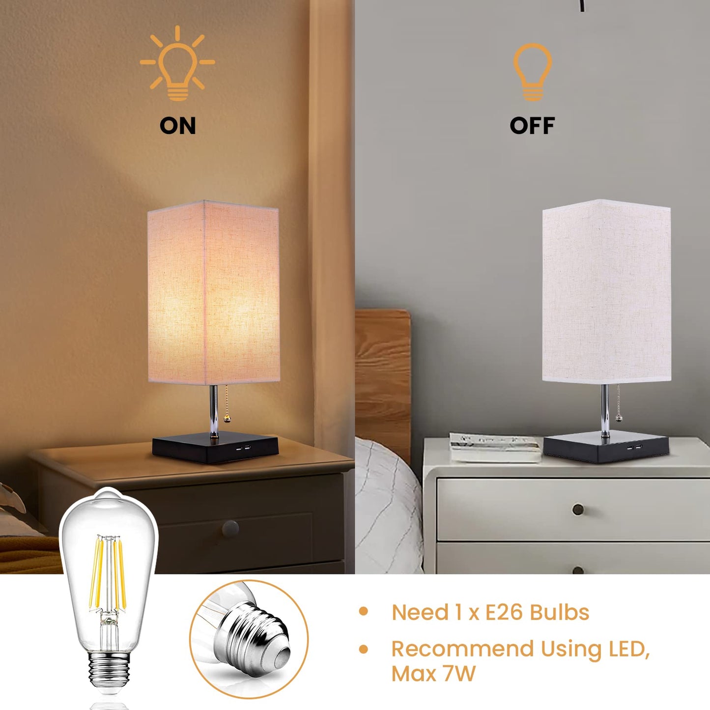 Siljoy Modern Table Lamp with Beige Fabric Lampshade, Pull Chain Switch, 2 USB Ports, Black Wooden Base, L-Square