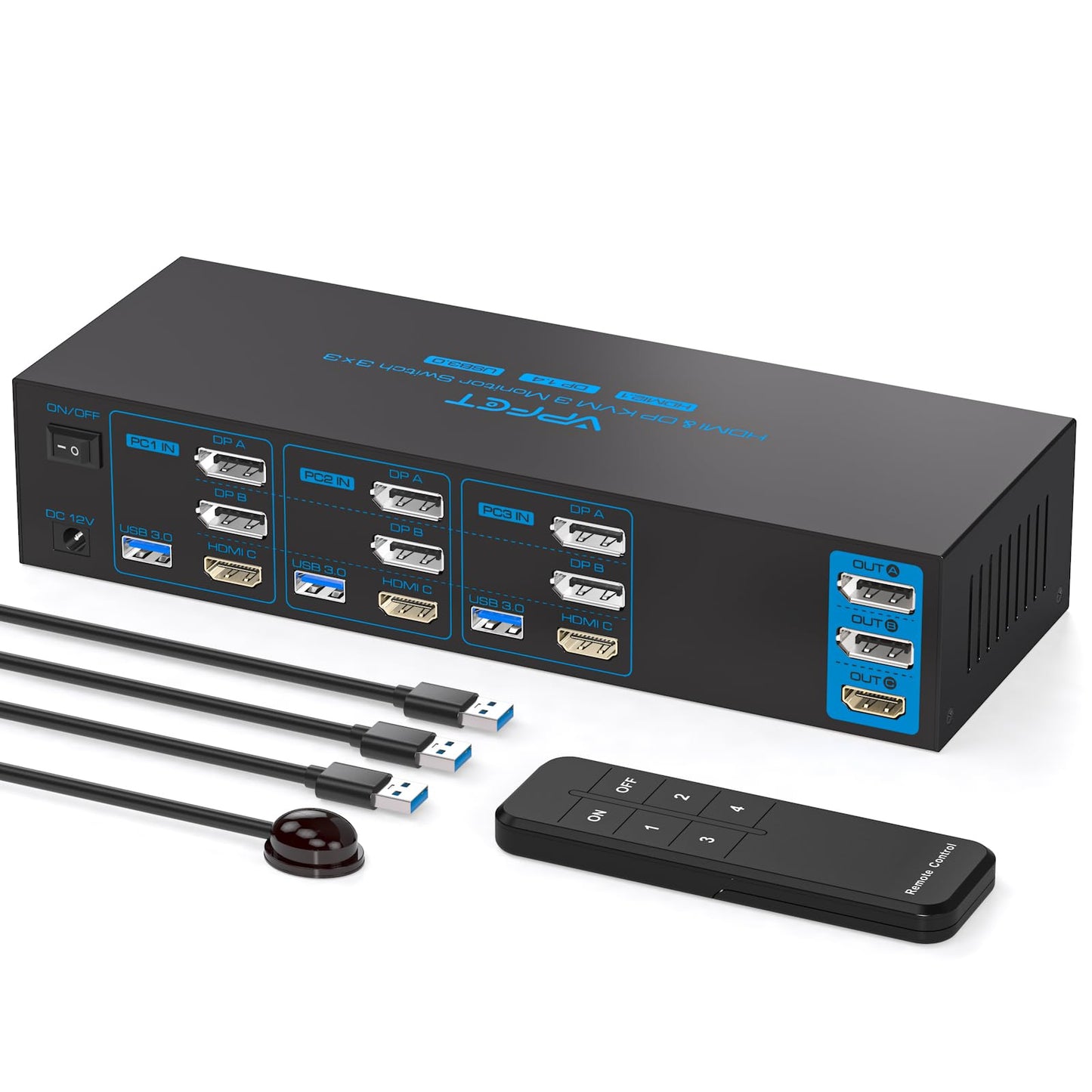 4K144Hz Displayport KVM Switch 3 Monitors 3 Computers 1 HDMI 8K30Hz KVM Switches Triple Monitor for 3 PC Share 3 Screens and 4 USB 3.0 Ports with Wireless Controller