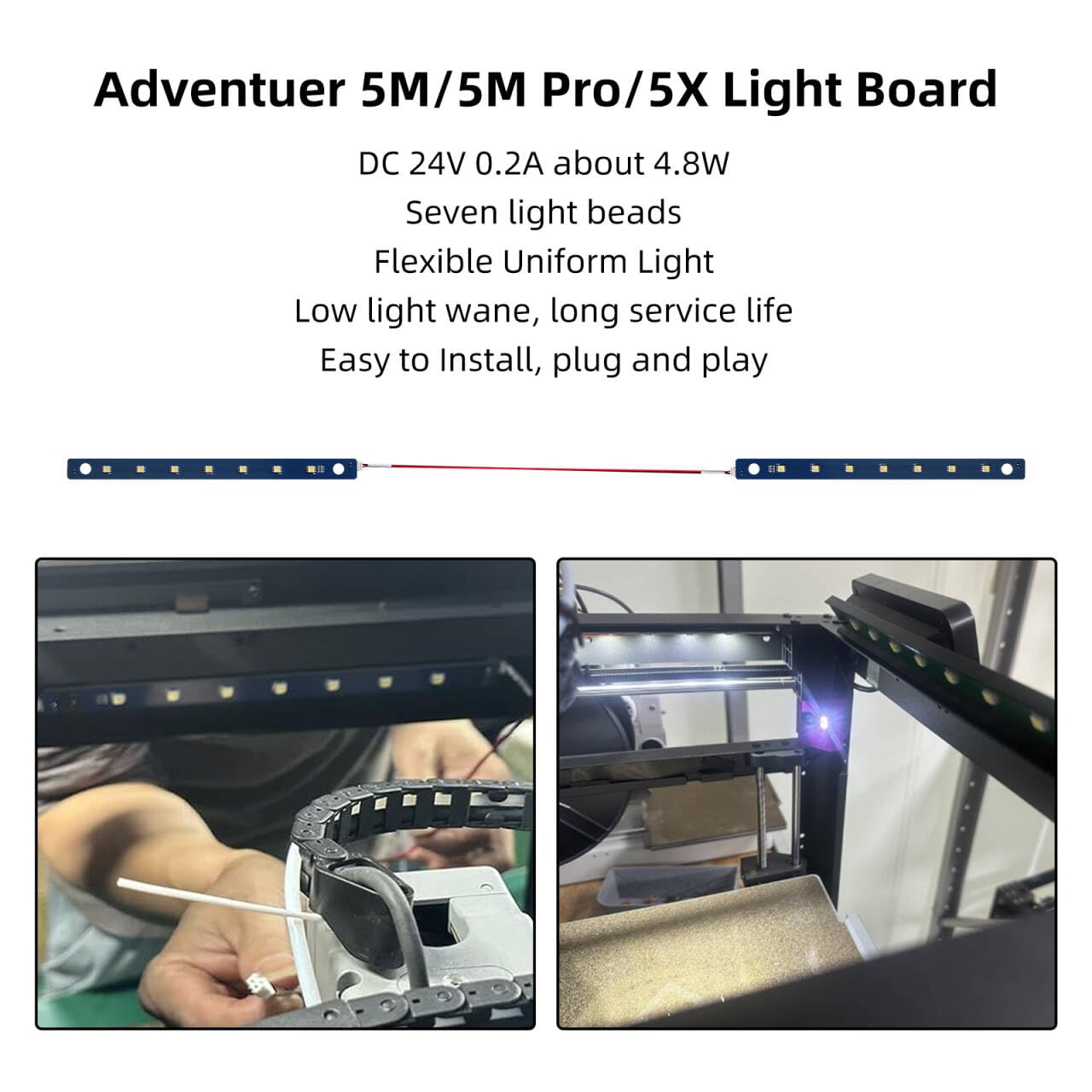 Imdinnogo 3D Printer Accessories Adventuer 5M/ 5M Pro 24V LED Light Board Replacement: 7Pcs Lamp Beads with Cable Flexible Bright Cold White Lighting Strip - Increased AD5M Chamber Brightness