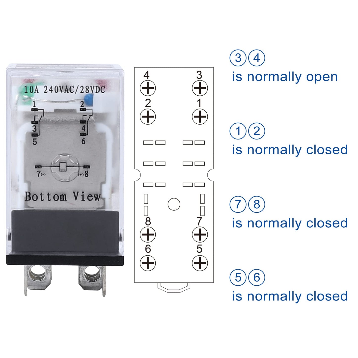 Electromagnetic Power Relay, 8-Pin 10 AMP 12V DC Relay Coil with Socket Base, LED Indicator, DPDT 2NO 2NC - MY2NJ 2PCS [Applicable for DIN Rail System]