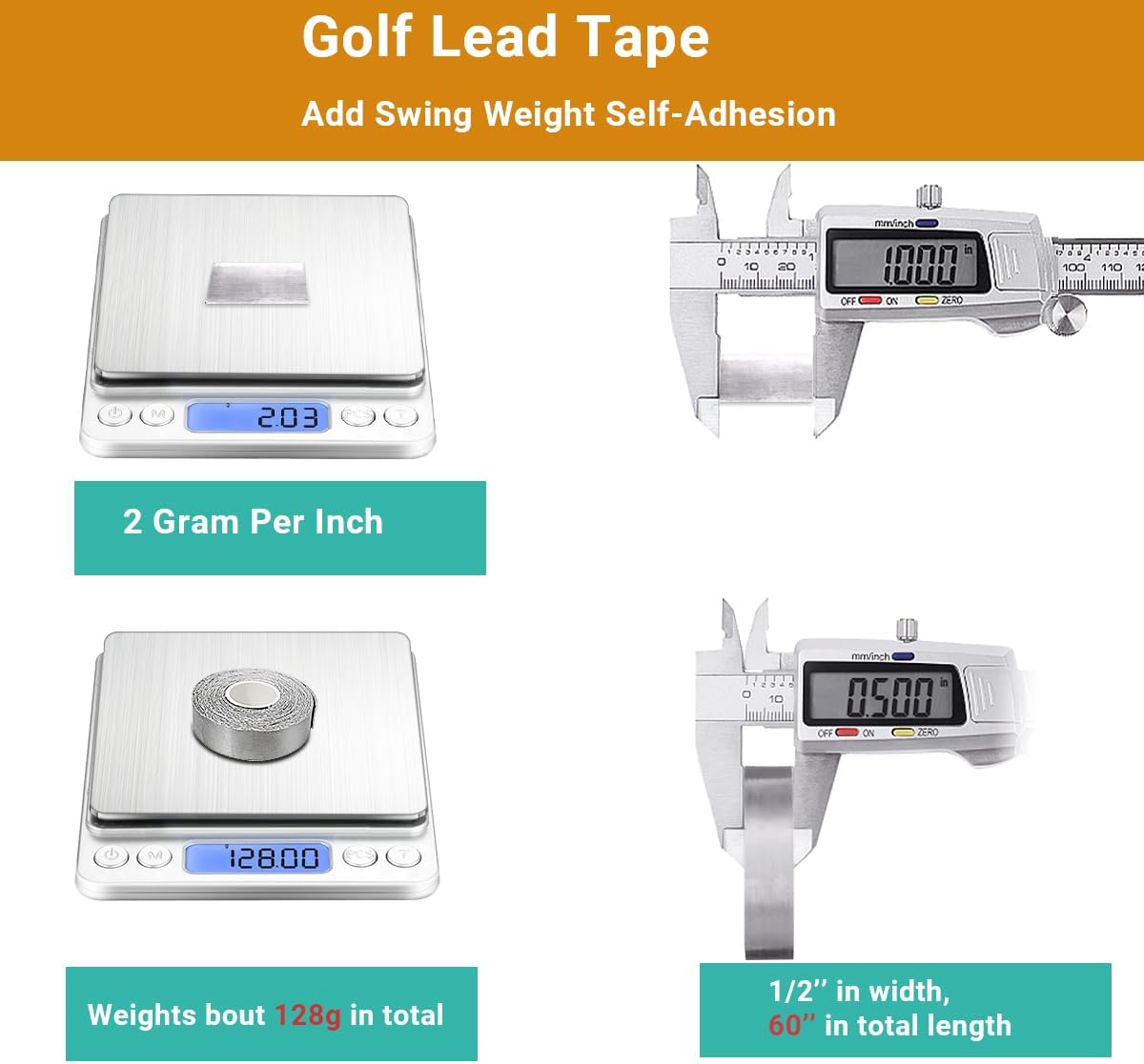 Yeshom Lead Tape Golf 1/2" x 60"/100"/150", 2 Grams Per Inch, Add Swing Weight Golfing Adhesive Accessories for Golf Clubs Pickleball Paddle Tennis Racket Fishing