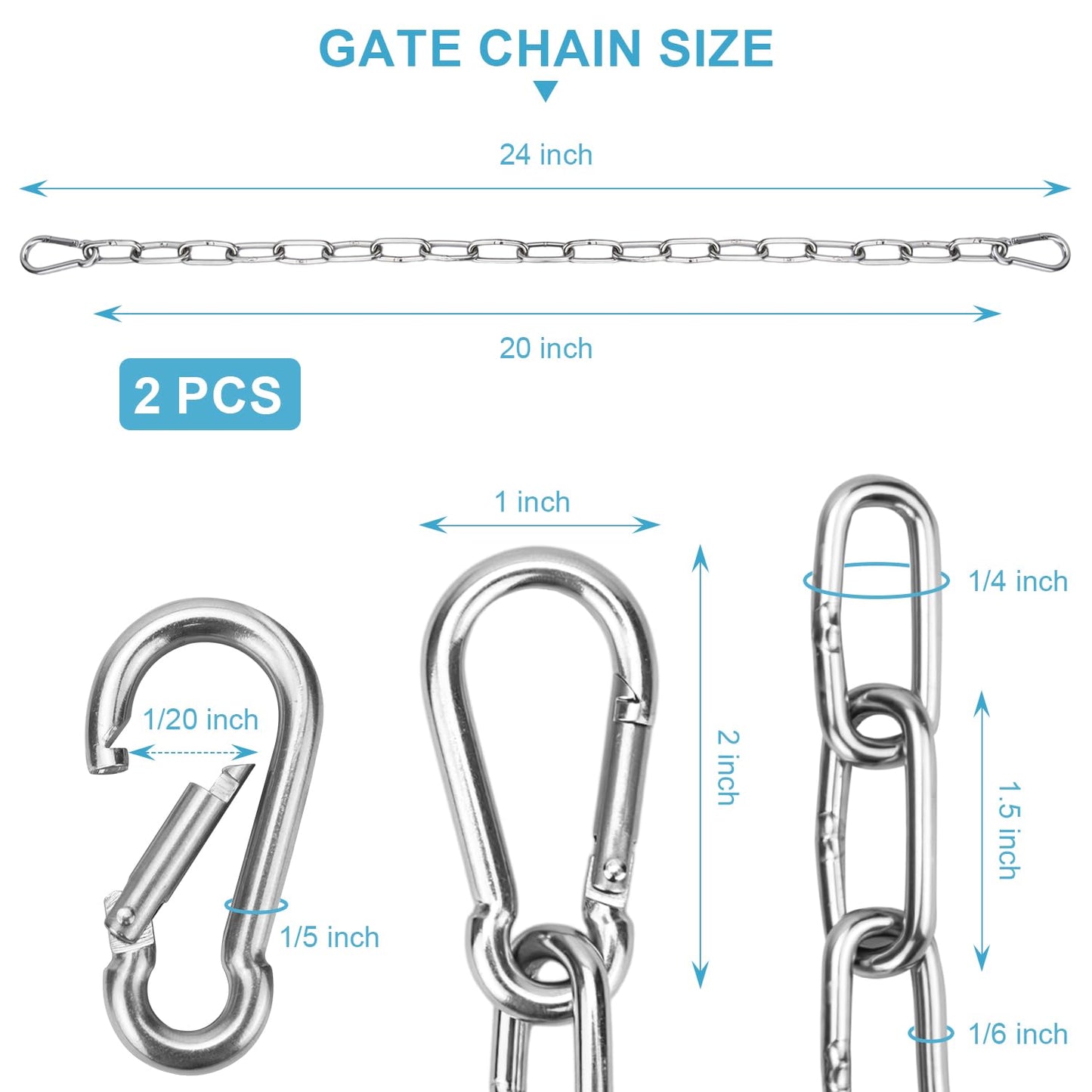 Syocsek 2 Pack Gate Chain Lock for Outdoor Fence with Carabiner, 5/32 x 24 Inch Stainless Steel Link Chains No Fear of Being Bent, Easy to Adjust Barn Chain for Livestock Gate, Silver