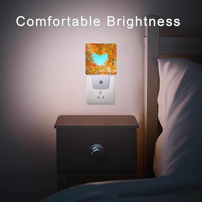 Blue Heart Sky Night Light,Autumn Red Maple Leaves Forest Trees Plug-in Night Lights with Dusk-to-Dawn Sensor for Stairway/Hallway/Bedroom Sleep Friendly Ideal for Women/Girls/Boys Gift,0.5W