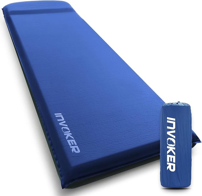 INVOKER 3.15" Camping Sleeping pad, Ultra-Thick Elasticity Foam Fast Self-Inflating 4-Season Insulated Durable Camping Mat Air Mattress with Pillow, for Tent, Car, Camping, Traveling, Blue