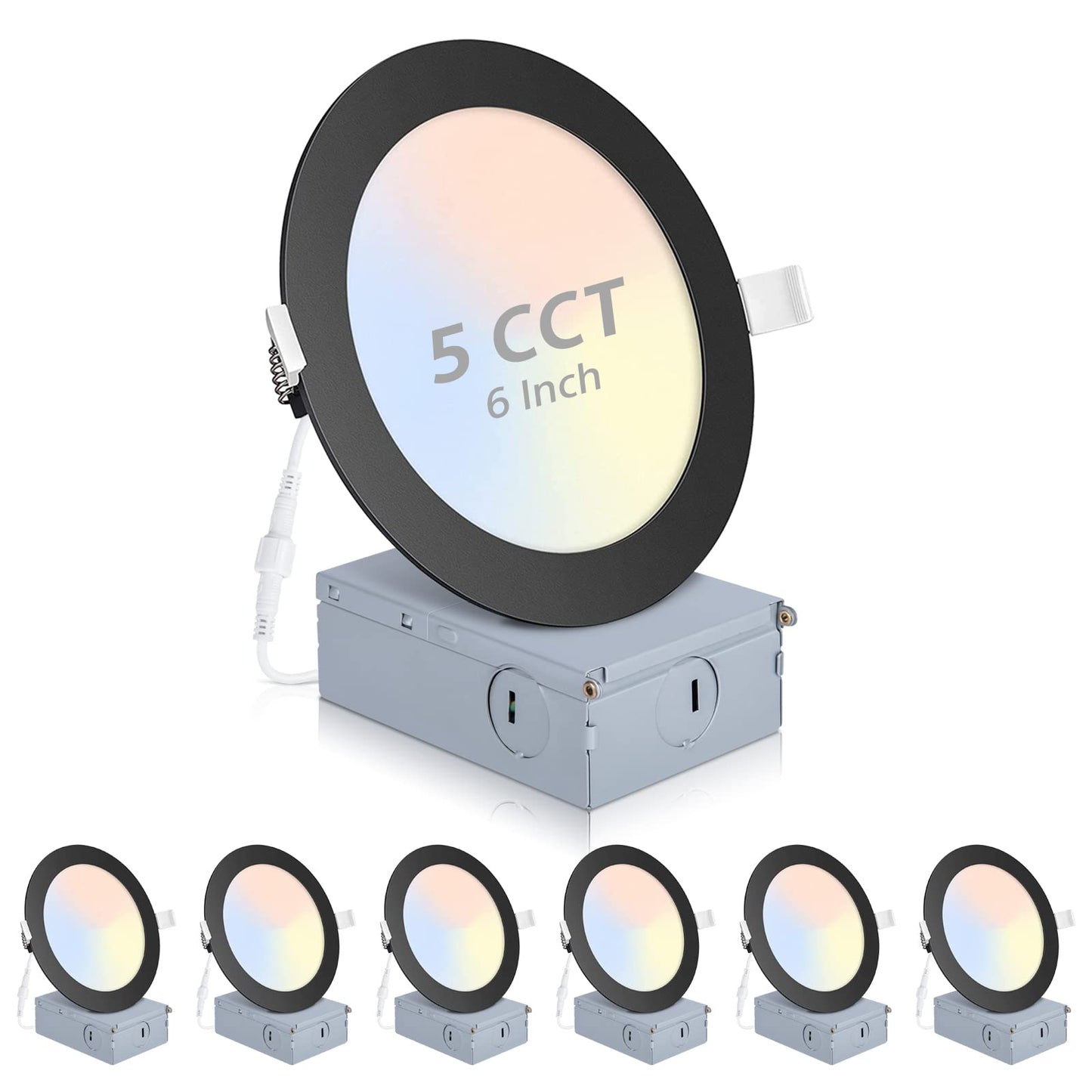 Powerasia 6 Inch Recessed Lighting - 6 Pack, Dimmable Led, 5Cct, Ultra Thin, Etl Certified, Black, 15W, Model 6