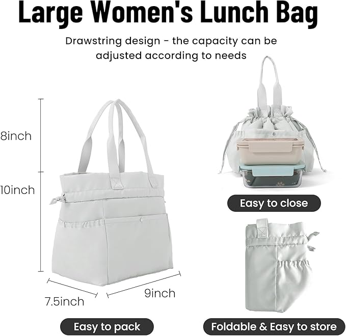 Lunch Bag for Women Men Reusable Drawstring Insulated Lunch Box Stain-Resistant Large Lunch Bags Perfect for Work Picnic Gray