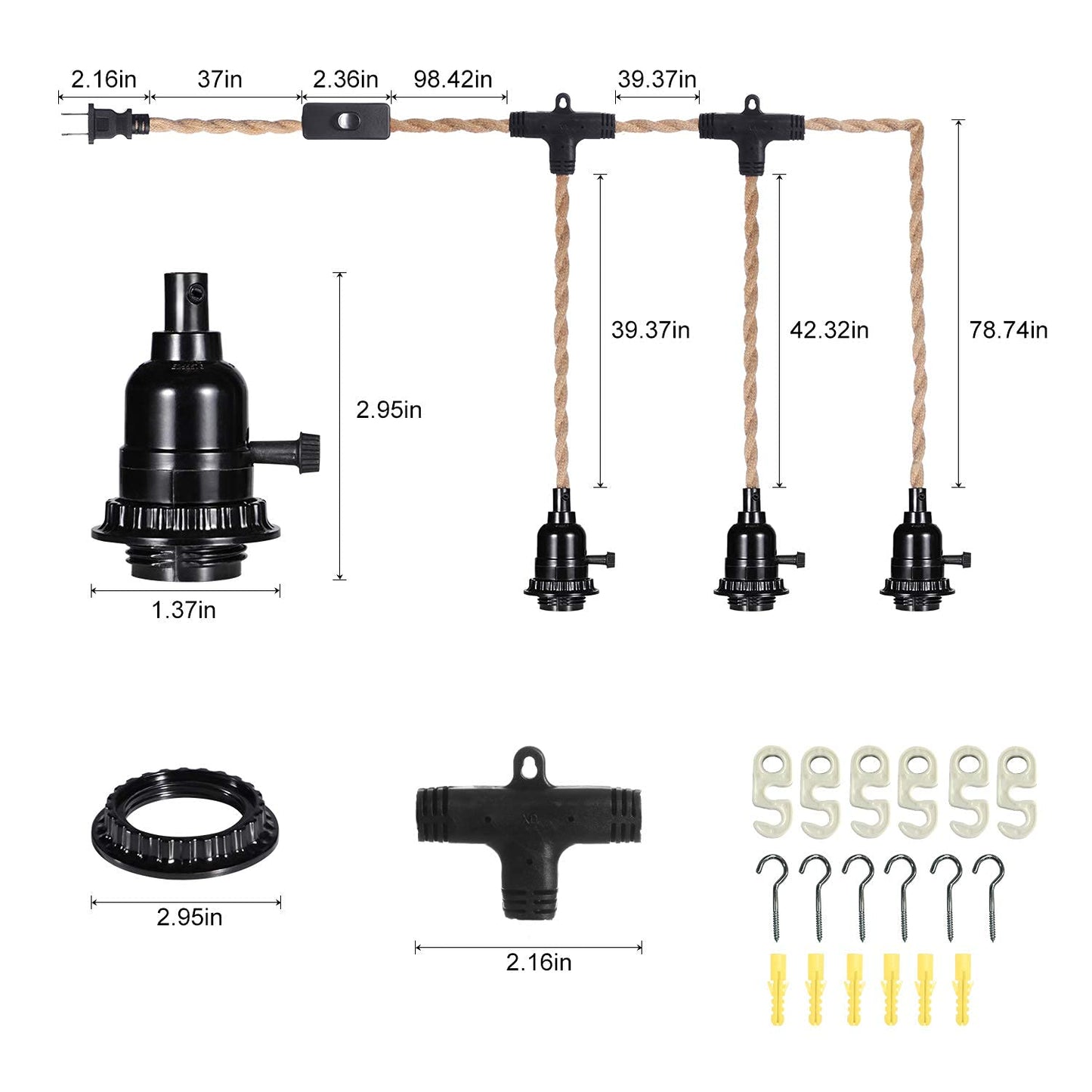 HURYEE 20FT Plug in Hanging Light Fixture, 3 Bulb Pendant Lamp with Switch, Metal Twisted Hemp Rope for Farmhouse Bedroom Decor
