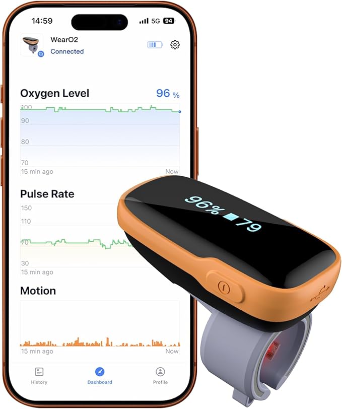 Vibeat WearO2 Blood Oxygen Monitor — Bluetooth Pulse Oximeter for Continuous O2 and Heart Rate Tracking Rechargeable, Wear...