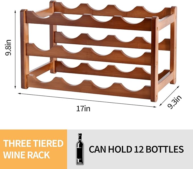 Wine Rack Countertop, 12 Bottle Wine Racks for Wine Bottles Storage Display, 3 Tier Wooden Wine Rack Free Standing Floor
