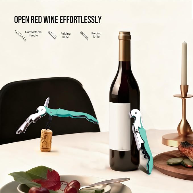 Soft Velvet Touch Waiters Double Hinge Corkscrew Wine Key Bottle Opener，Heavy Duty Waiter Corkscrew, Foil cutter and Bottle Opener,2-pack (2, Mint Green)