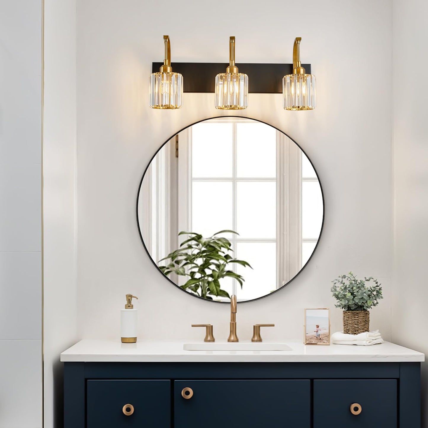 Fdpby 3-Light Crystal Vanity Light  Modern Black Gold Bathroom Wall Sconce With K9 Crystal Shades  23.62 Long Over Mirror Lighting For Vanity  Makeup  Hallway  Elegant & Durable