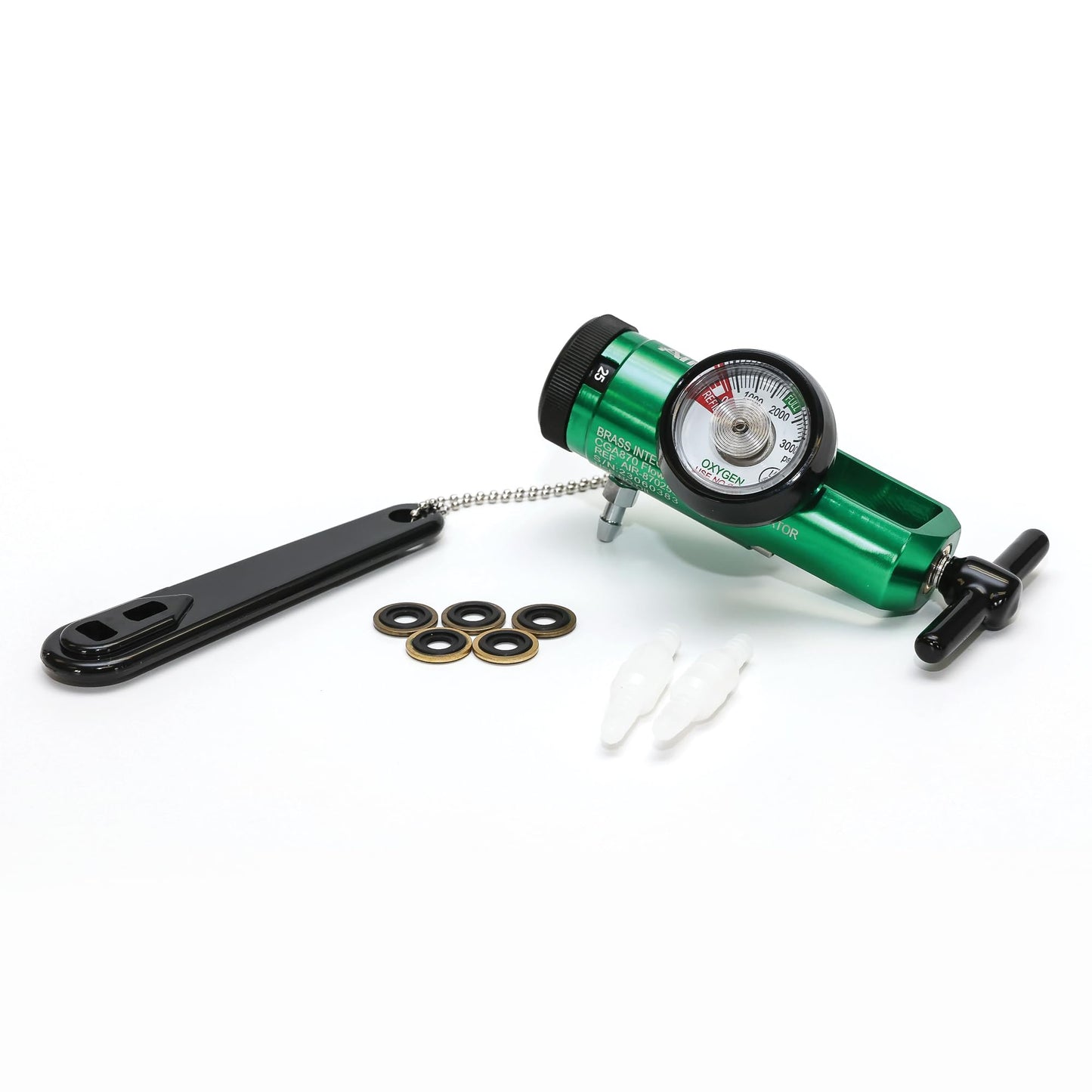 AireMed Oxygen Regulator 0-25LPM, CGA-870 Gauge Flow Rate – Includes Wrench Key, 5 Brass Yoke Washer Seals, and 2 Oxygen Tubing Swivel Connectors - Ergonomic Handle Design - Green