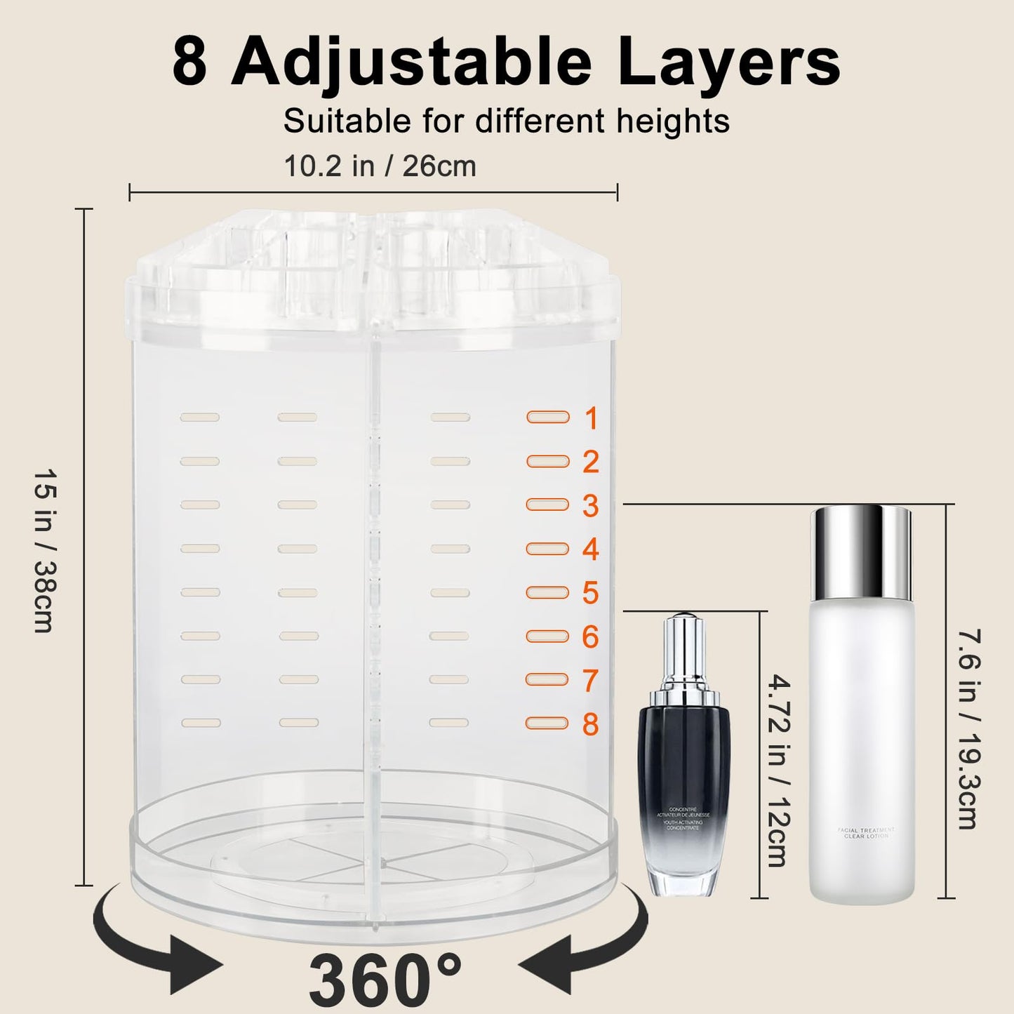 AMEITECH Makeup Organizer, 360 Degree Rotating Adjustable Cosmetic Storage Display Case with 8 Layers Large Capacity, Fits cosme