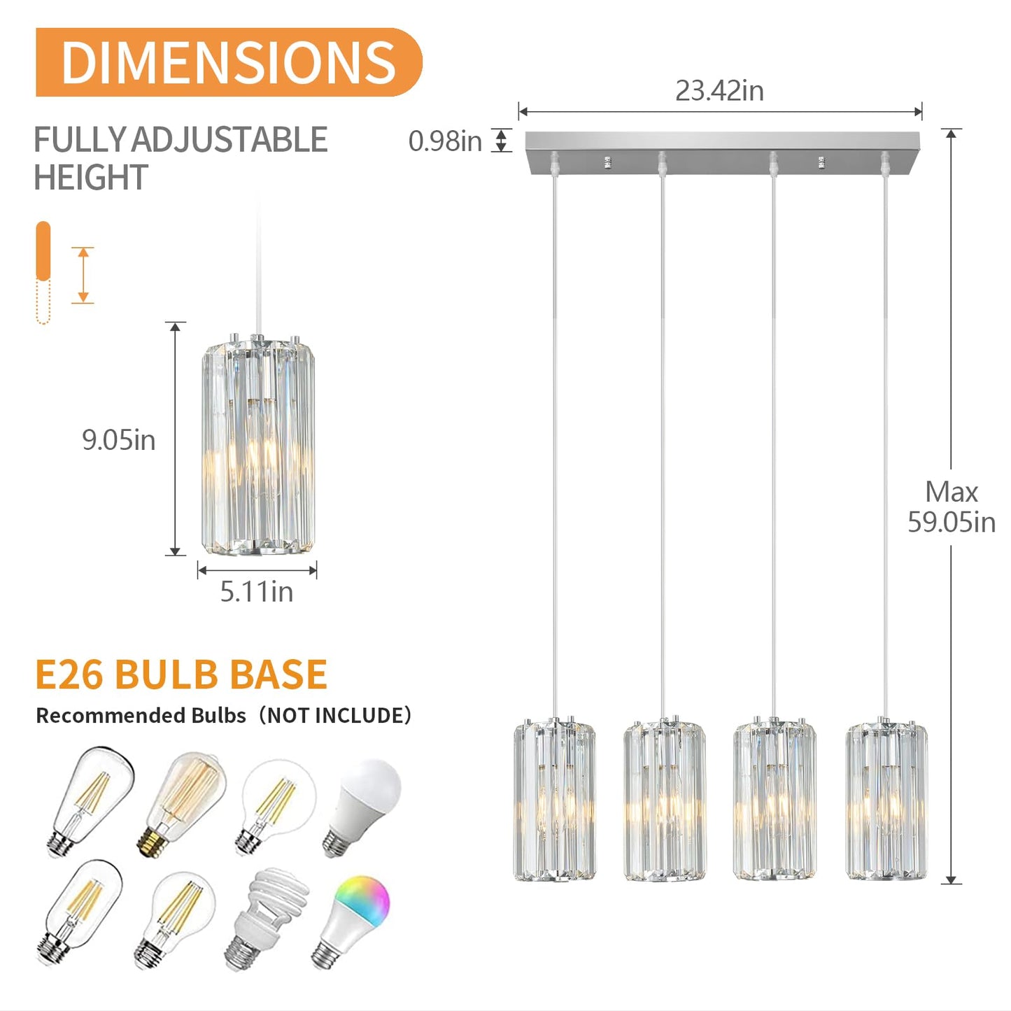 Zhllmq Chrome Pendant Lighting Modern Pendant Light  Mini Crystal Chandeliers Adjustable Pendant Light Fixture For Kitchen Island Dinning Room Corridor Bedroom(Gold 4-Light)